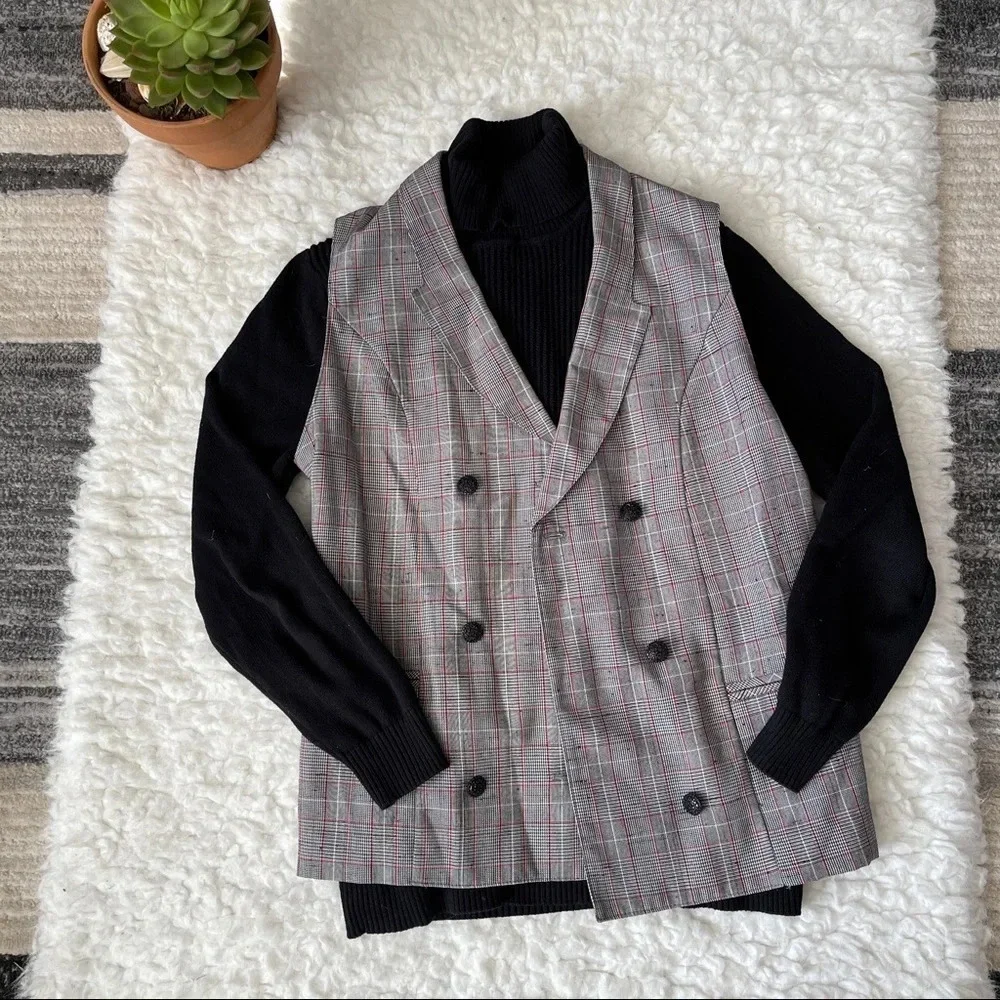 Double Breasted Plaid Vest With Black Turtleneck - Size M/L